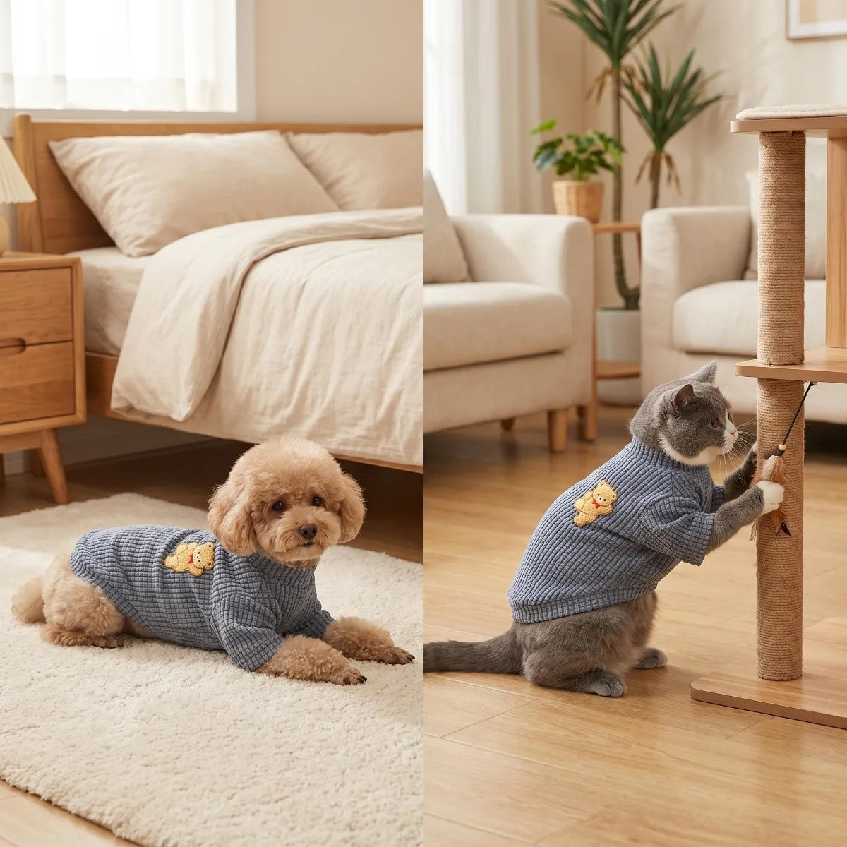 Gray Waffle Knit Cat Sweater - 3D Bear Embroidery Pet Pullover - photo 3