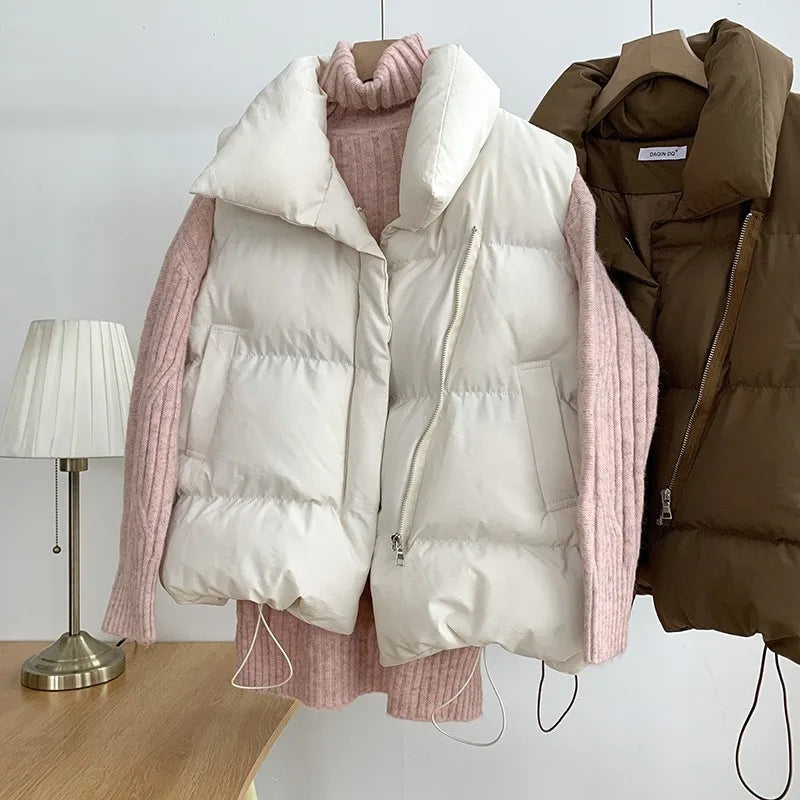 Women's Stand Collar Puffer Vest - Belted Sleeveless Winter Jacket - photo 2