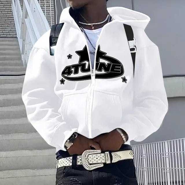 Men's Letter Print Zip-Up Hoodie, Hip Hop Style