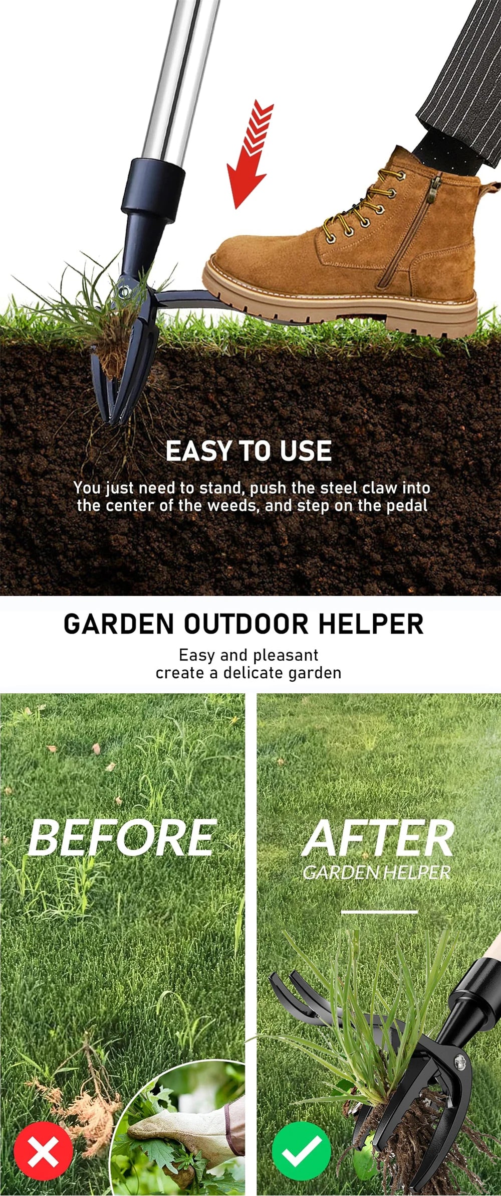 Stand-Up Weed Puller Claw Head — Foot-Pedal Root Remover Tool