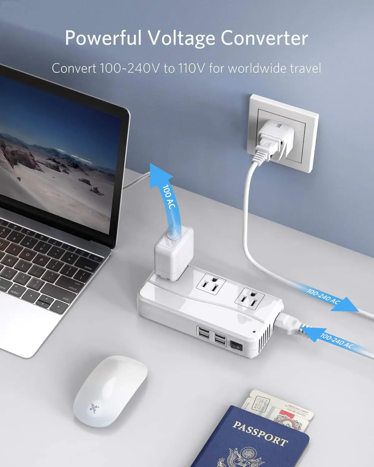Global Travel Adapter,110-220V to 110V Converter, 250W, 6A 4-Port USB Charger, 3 AC Outlets, Fits EU/UK/AU/US/India Plugs