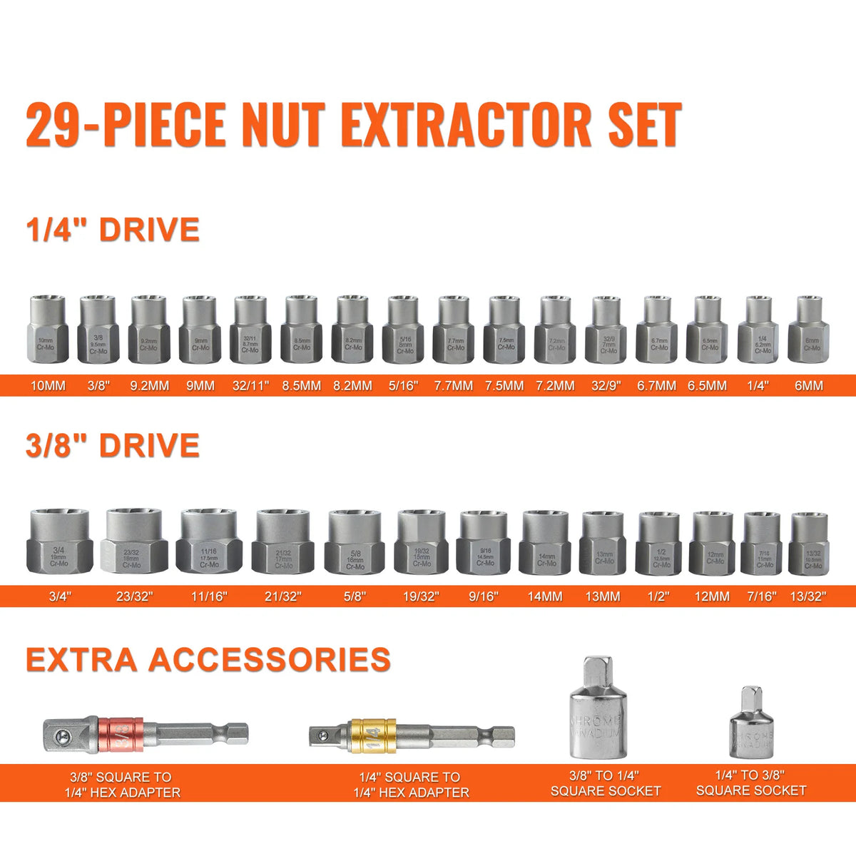 29 Pc Bolt & Nut Extractor Set, CR-MO Steel 6-10mm Sockets