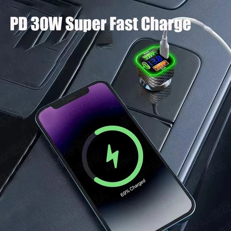USB-C Car Charger 4-in-1 Dual PD Fast Charge with Voltage Display – iPhone, Samsung, Xiaomi