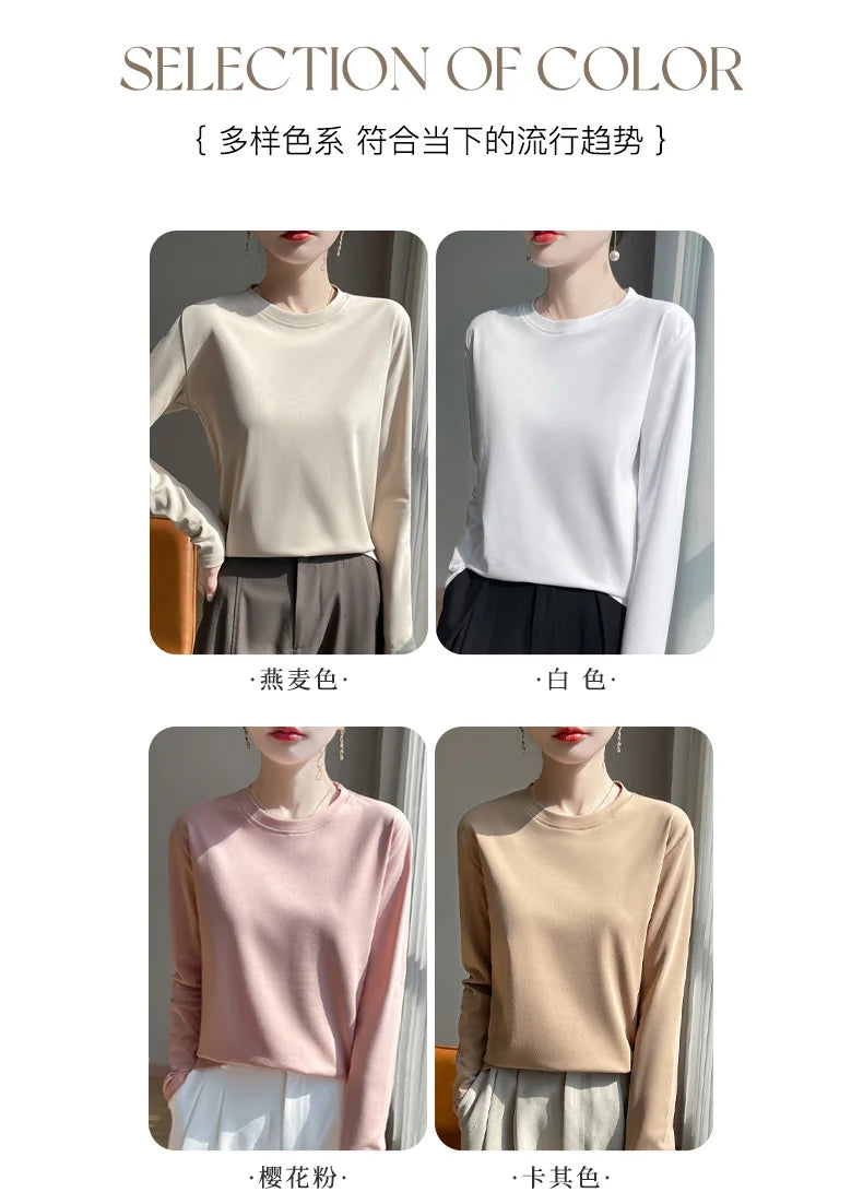 Spring And Summer New Mercerized Cotton Long Sleeve T-shirt Women's Round Neck Loose 100% Cotton Bottoming T-shirt