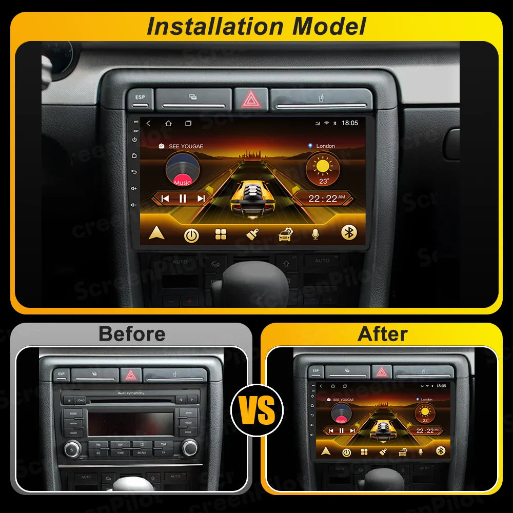 Android Car Stereo for Audi A4 B6 B7, S4, RS4 & Seat Exeo (2002–2009) — CarPlay, Bluetooth, 2-DIN