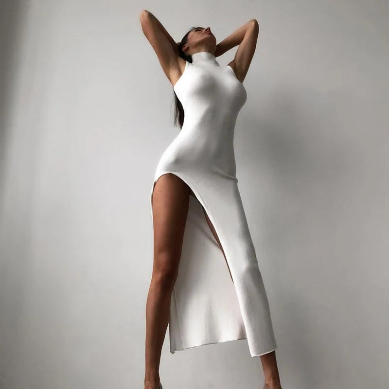 New Women's Black Sleeveless High Neck Slit Skirt Sexy Dress For Women Club Party Dresses Skinny Fashion Summer Tank Dresses