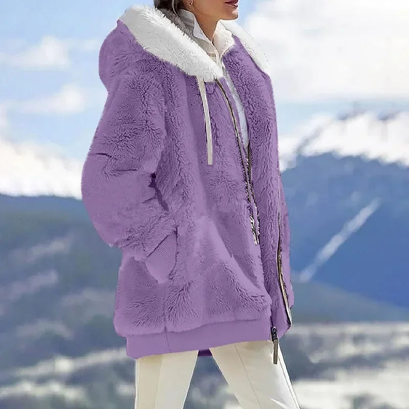 Women's Hooded Fleece Zip Jacket, Casual Winter Coat