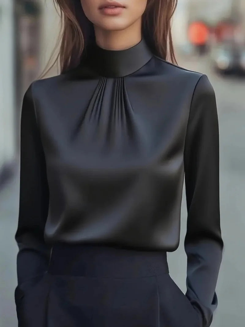 Women's High Neck Dressy Blouse - Plain Elegant Everyday Top - photo 5