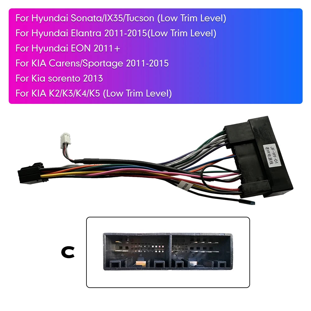 Power/Wiring Harness for Android Car Stereo Head Units — Plug-and-Play, Fits Many Hyundai & Kia Models