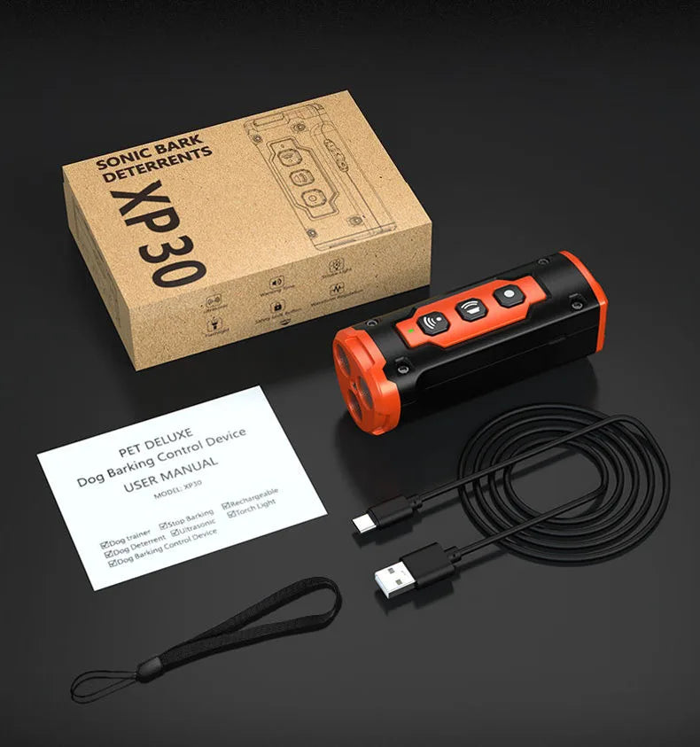 Ultrasonic Dog Repeller & Anti-Bark Deterrent Device – Rechargeable with LED Flashlight | Black & Orange