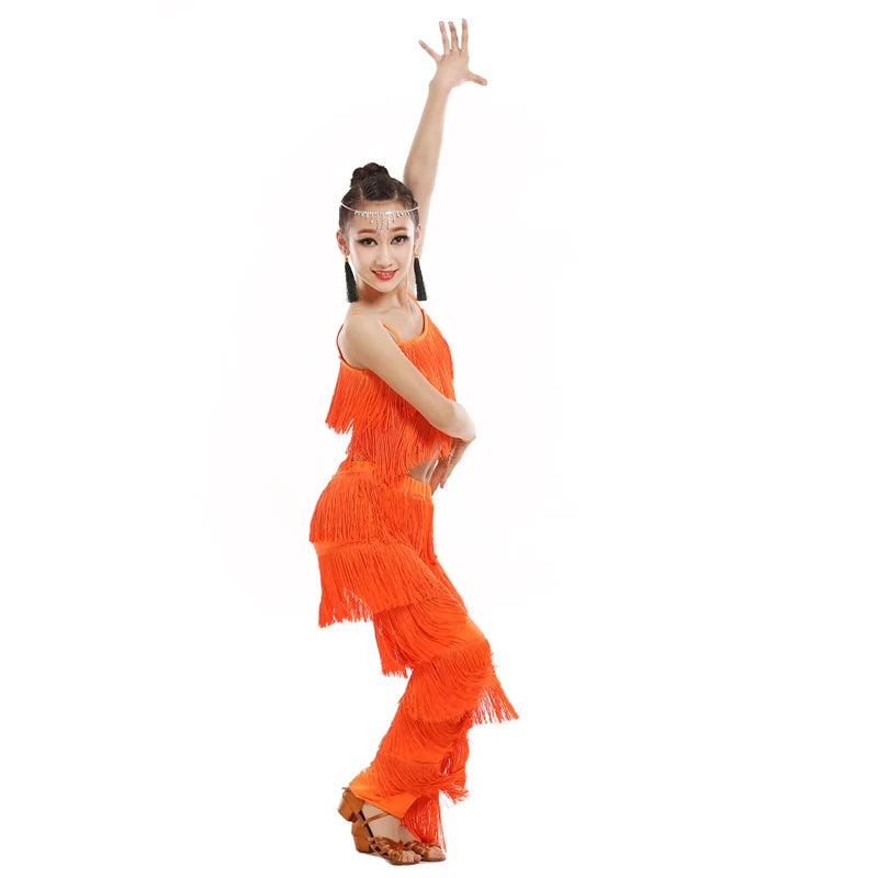 Fringe top and pants Latin dance set for kids and adults