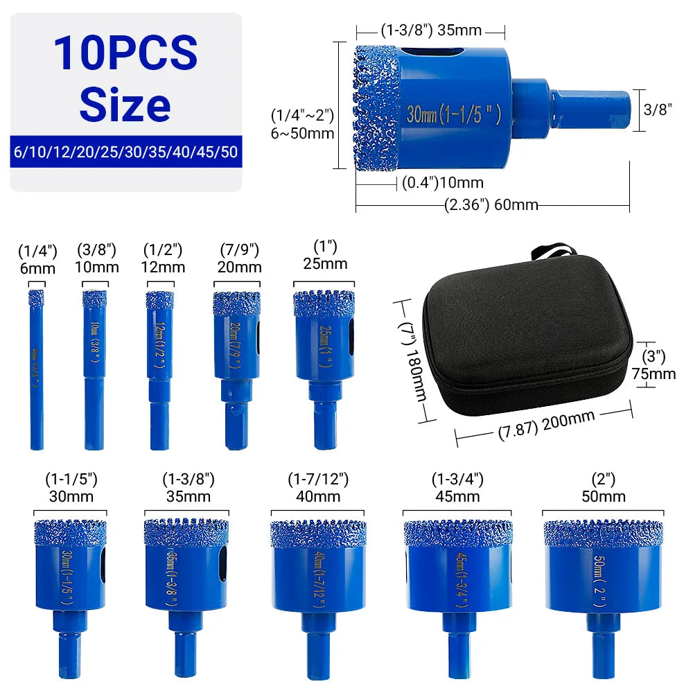 10 Pc Diamond Core Drill Bit Set 6-50mm, Vacuum Brazed Hole Saw
