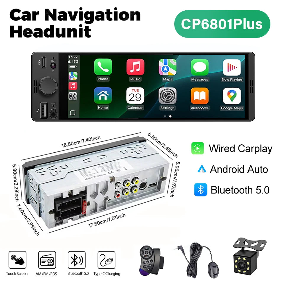 6.86" 1-DIN Universal Car Stereo — Wireless CarPlay, Android Auto, Bluetooth, USB/AUX