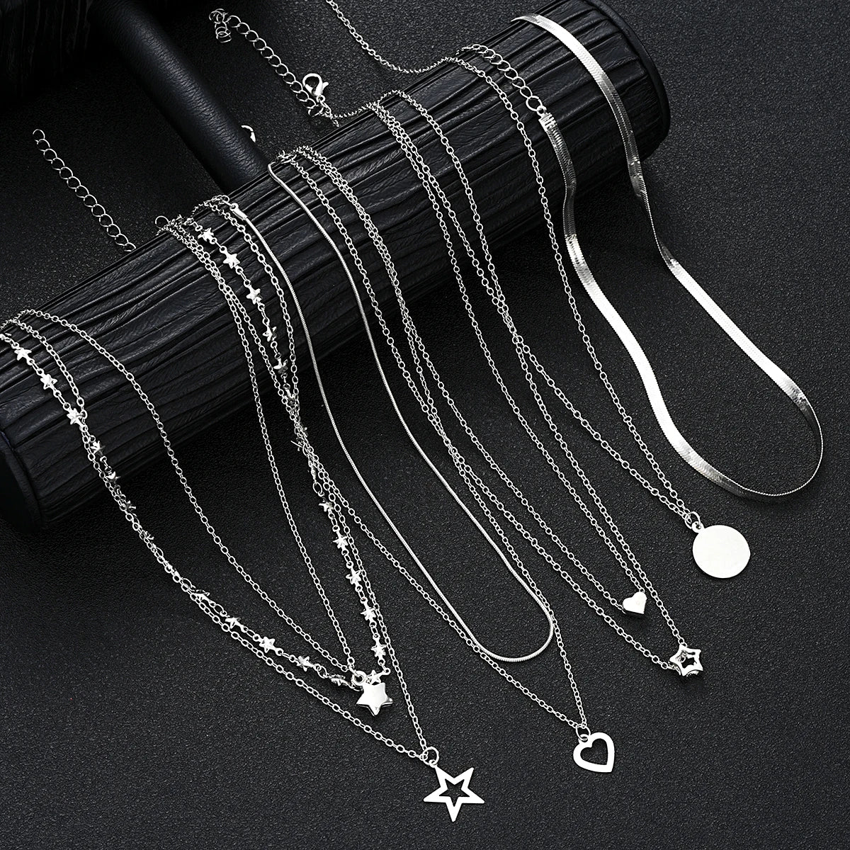 9 Pc Layered Choker Necklace Set for Women - Heart & Star Pendants