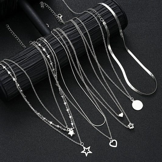 9 Pc Layered Choker Necklace Set for Women - Heart & Star Pendants