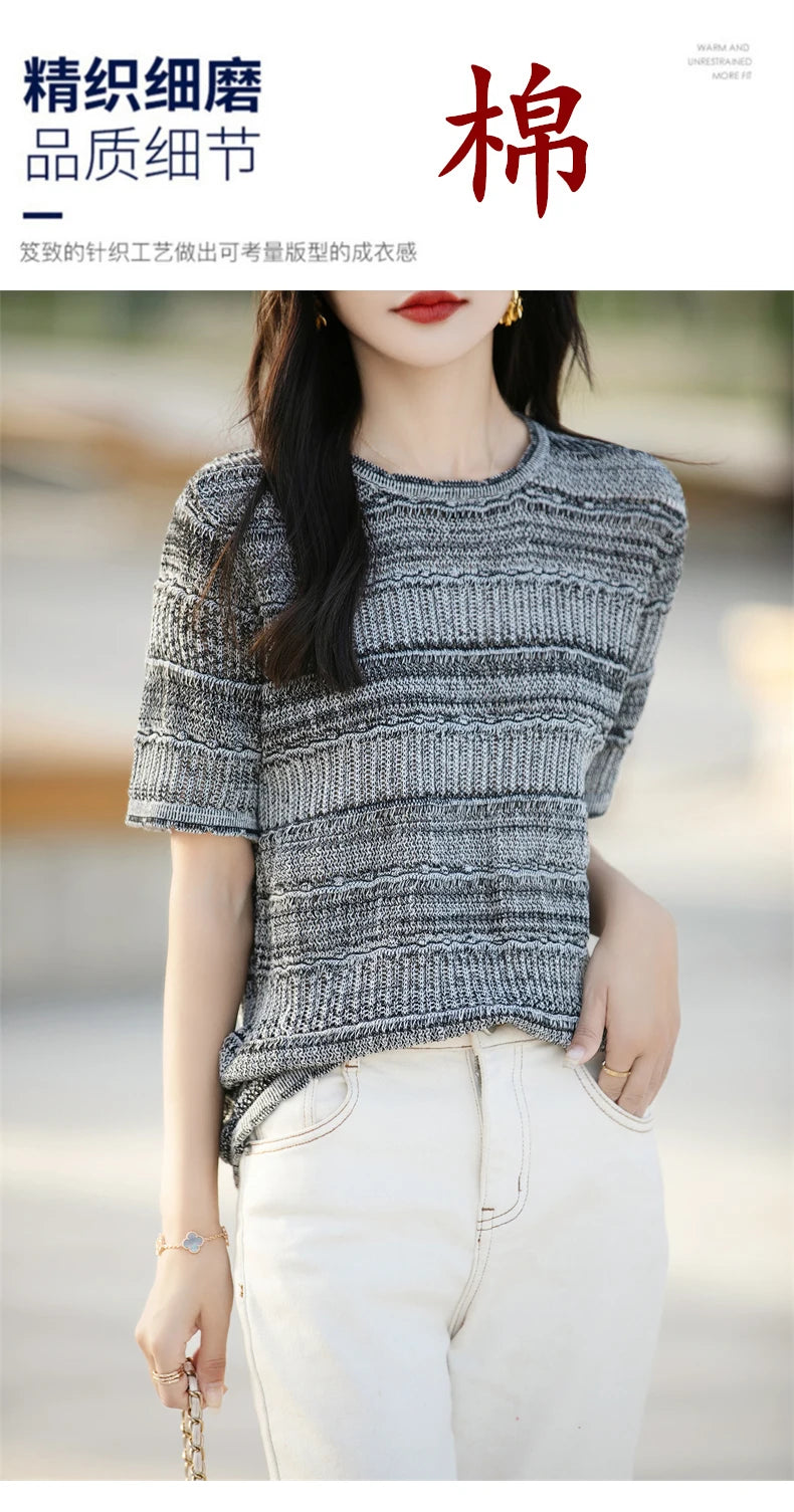 Women's T-Shirt Summer 100% Cotton Sweater Short Sleeve Striped Knitted Round Neck Ladies Tops Loose Blouse Pullover Tees