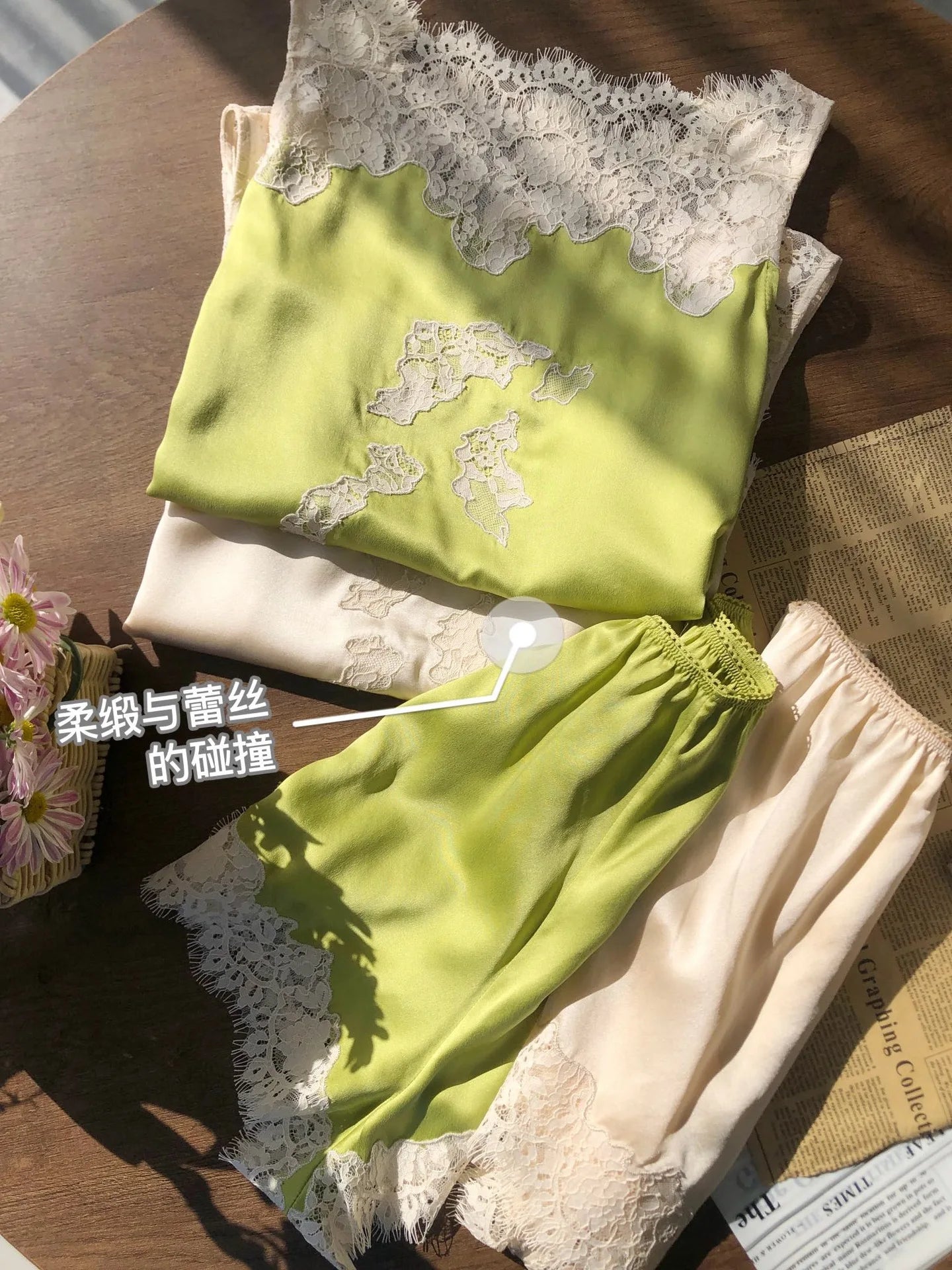Soft Satin Lace Romantic French Lace Embroidered Satin Silk Sleeveless Vest Shorts