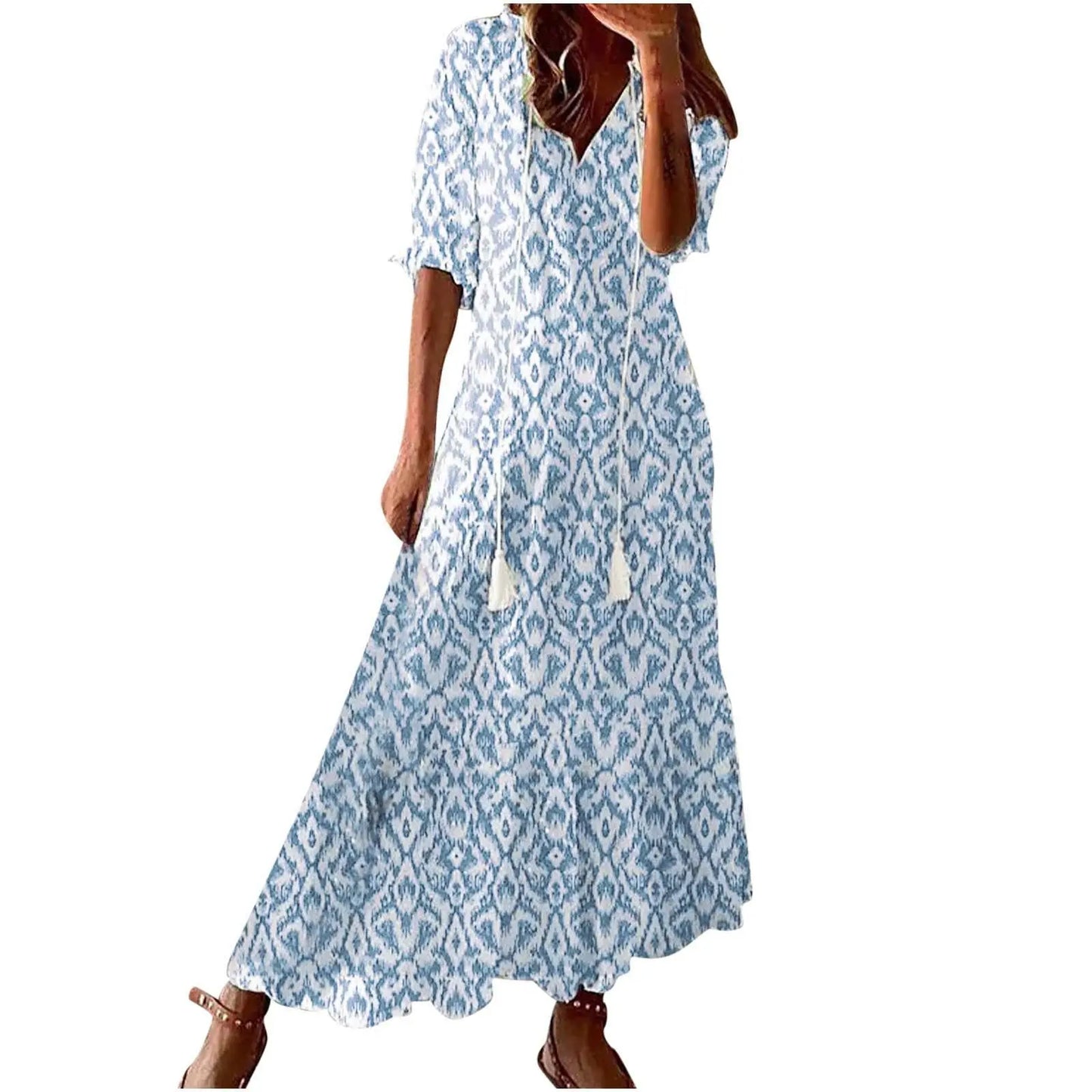 Women's Boho Maxi Dress – Casual V-Neck Drawstring Long-Sleeve Printed Bohemian Dress