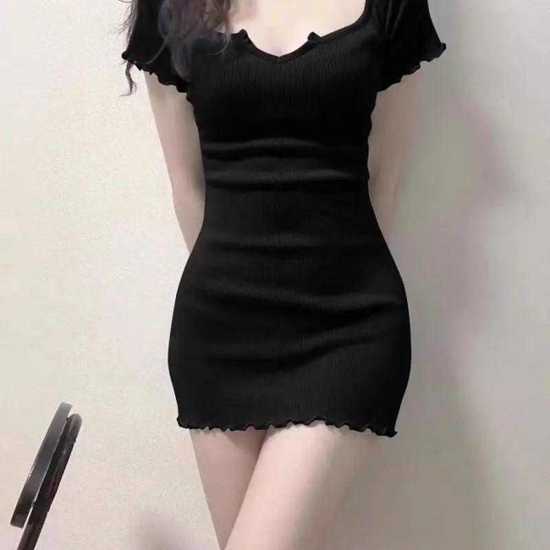 Women's Korean Slim-Fit V-Neck Mini Dress – Spice Girl Style Hip-Hugging Sheath Dress | S–XXL (White, Black, Blue)