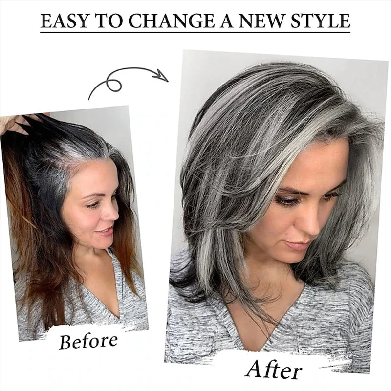 HAIRJOY Dark Gray Ombre Layered Wigs with  Bangs for Black Women Synthetic Hair Short Gray Highlight Straight  Layered Bob Wig