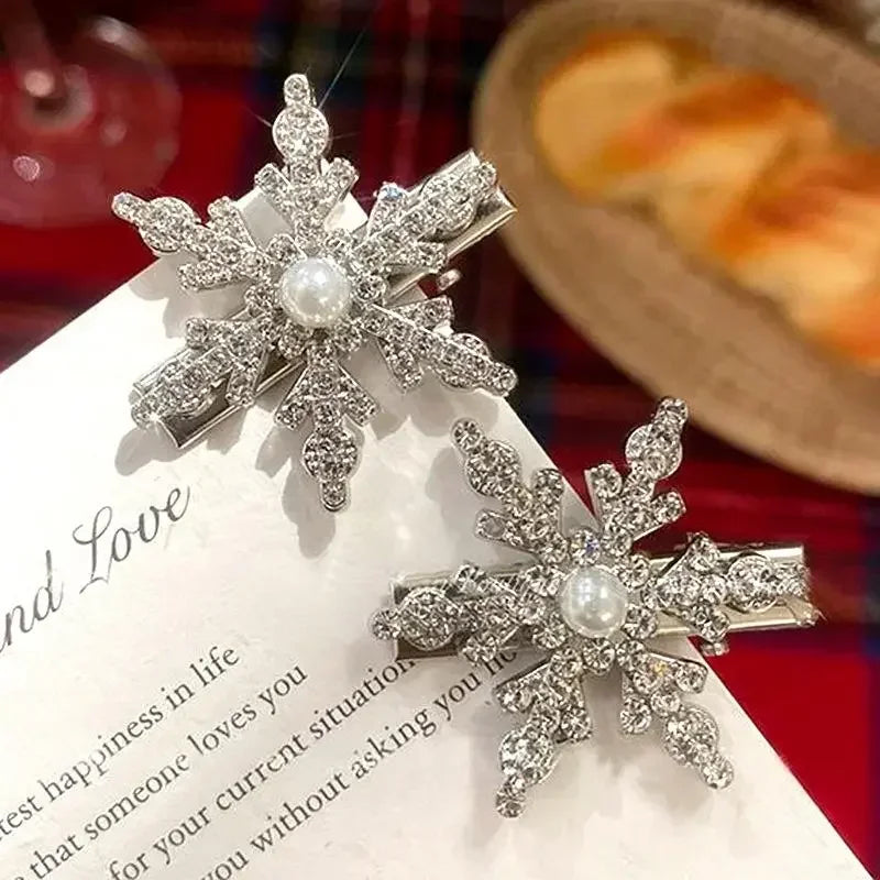 2PCs New Winter Hair Accessories Shiny Rhinestones Pearls Snowflake Hairpin Elegant Lovely Christmas Hair Clips for Women