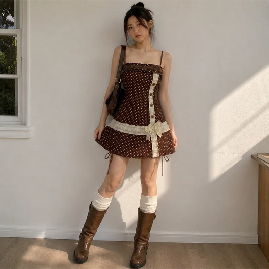 Women's Mini Dress Brown Polka Dot Spaghetti Strap Square Neck Bow Ruffle Trim A Line Y2K Summer Cute Casual Dress