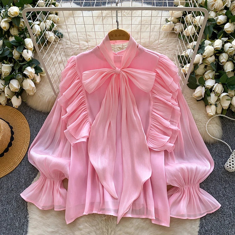 Women's Bow Chiffon Blouse - Ruffle Hem Long Sleeve Top - photo 7