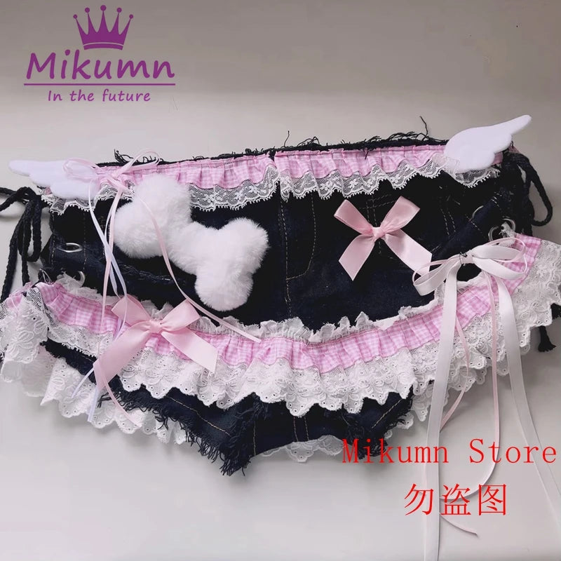 Mikumn Harajuku Y2k Women Sexy Lace Shorts Punk Girls Sweet Bow Angel Wing Bone Lace-up Low Waist Denim Shorts Jeans Streetwear