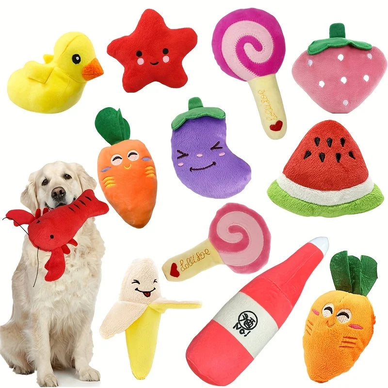 10-Pack Plush Puppy Teething Toys - Squeaky Fruit & Veg