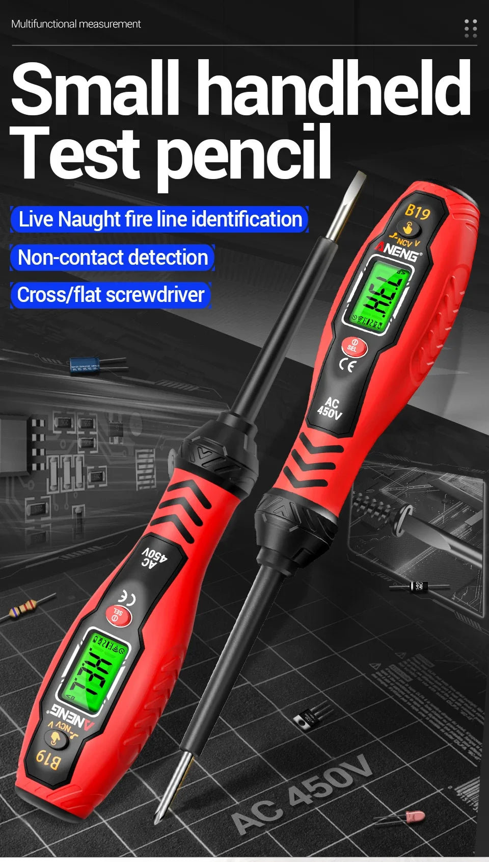 ANENG B19 Cross/flat Screwdriver Pen Small Handheld Test Pencil Non-contact Detection 30-1000V Voltage Buzzer Breakpoint Finder