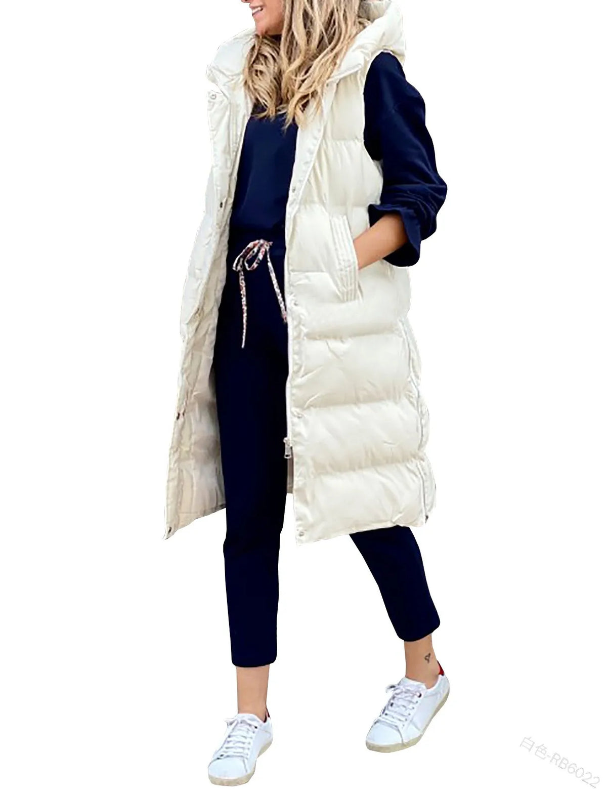 Women's Long Hooded Puffer Vest - Quilted Sleeveless Winter Coat