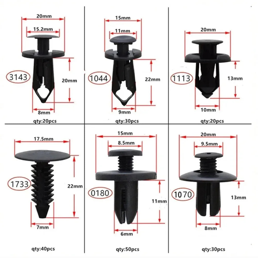 190-Piece Car Frame Fastener Set: 6-Size ABS Plastic Push Rivets for Door Panels, Bumpers and Interiors