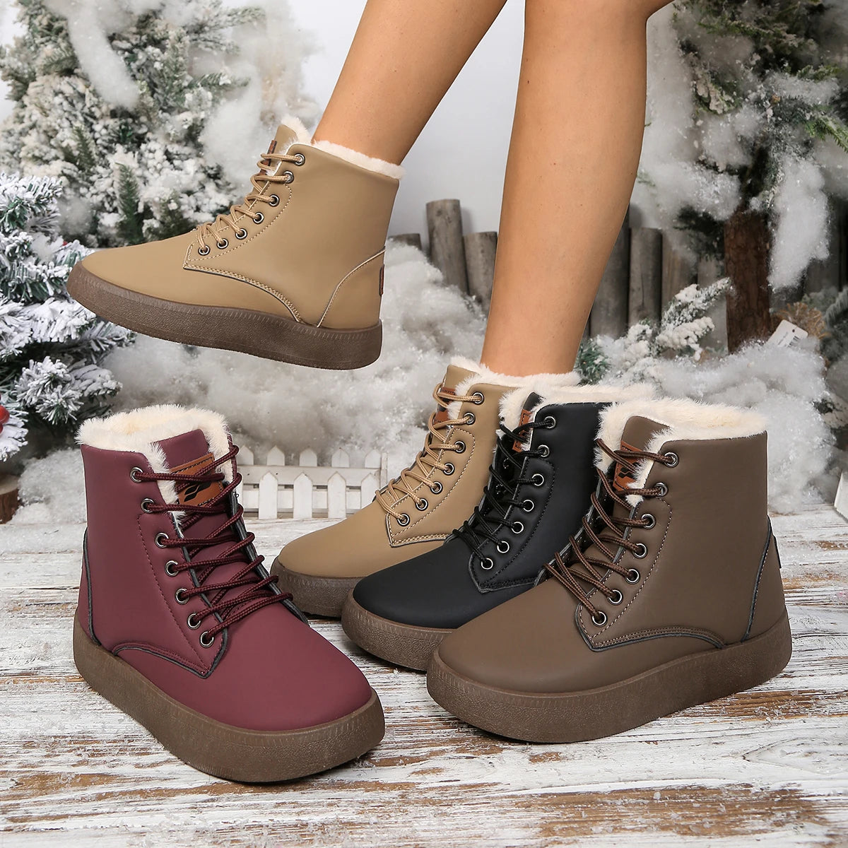 Women's Plush Lined Flat Snow Boots - Anti-Slip Winter Boots