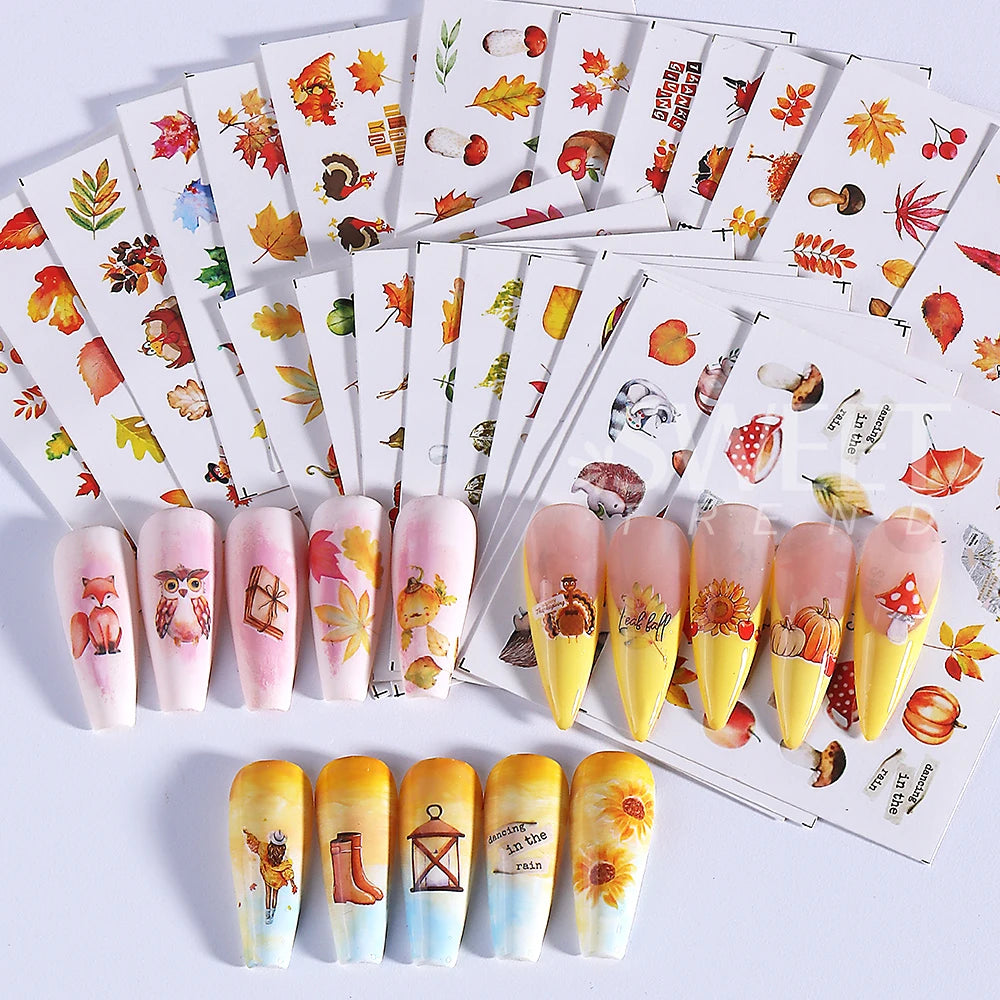 72pcs/set Autumn Christmas Nail Art Stickers Cartoon Animal Sakura Flowers Pumpkin Maple Nail Slider Water Decals Manicure Tips