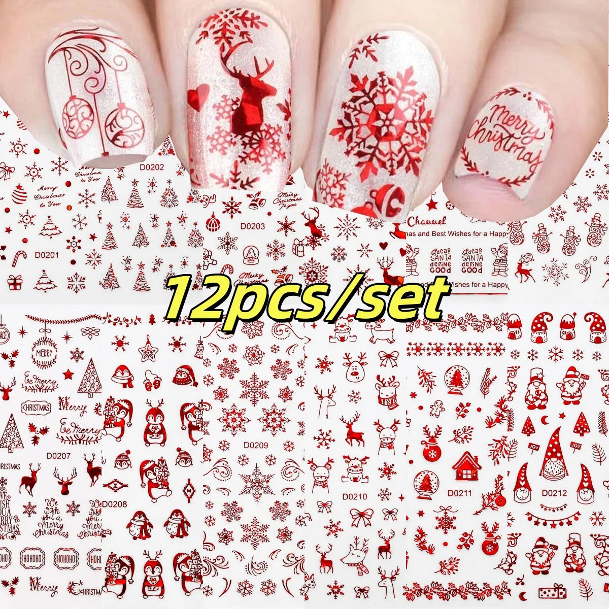 12pcs 3D Snowflake Nail Stickers Red Christmas Designs Nail Art Decals Geometric Lines New Year Winter Gel Foils Sliders Decors*
