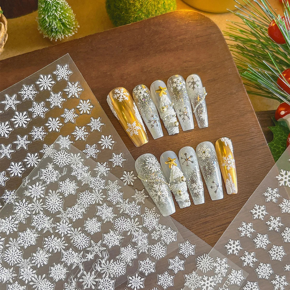 1pcs Christmas Nail Art Sticker with Gold/Silver Foil Snowflakes Iridescent Sparkle Adhesive Backing DIY  3D Nail Decoration