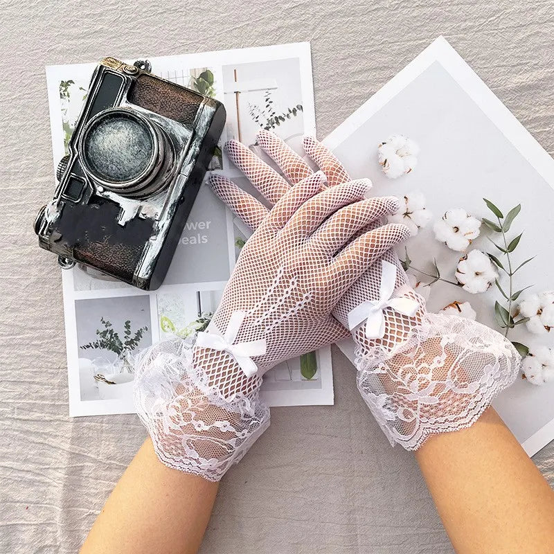 Girls Lolita Lace Hollow Out Gloves Women Ceremony Etiquette Mesh Thin Mittens Gothic Punk Sexy Glove Black White Soft Elastic