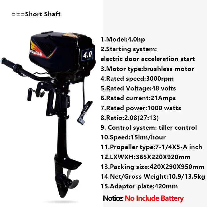 1000W 48V HANGKAI Fishing Boat 4HP Electric Outboards Short/Long Shaft Heavy Duty Marine Motor Engine Propeller Trolling