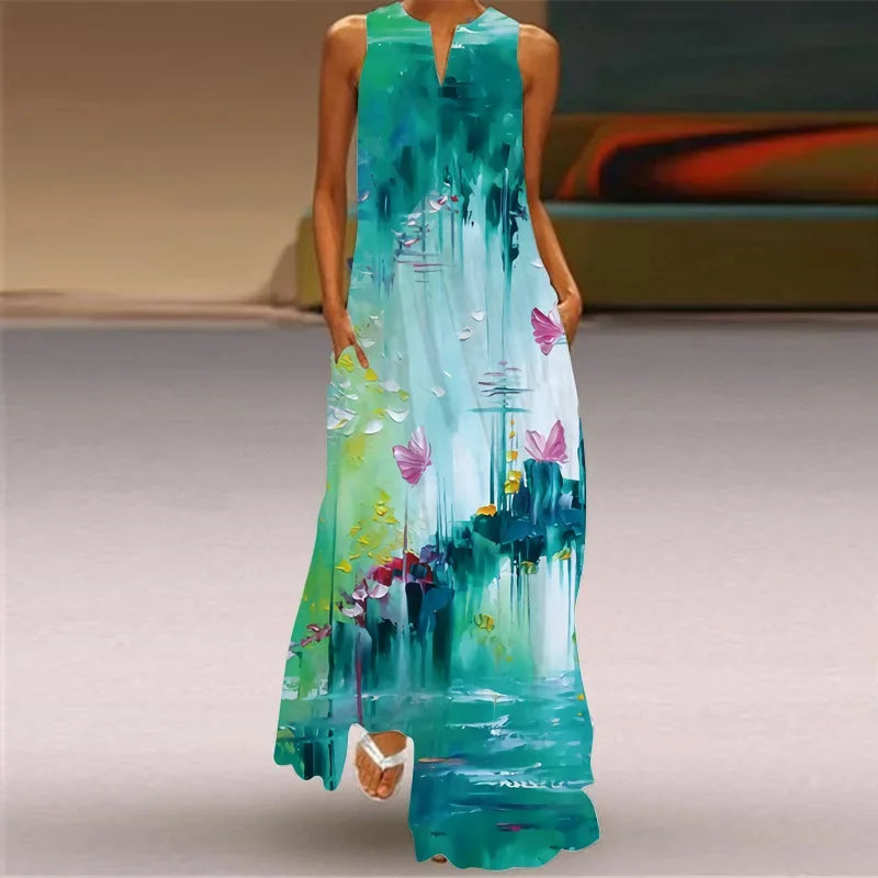 Women's Sleeveless V-Neck Maxi Dress — Vintage Print Loose Sundress with Pockets (Plus Size)