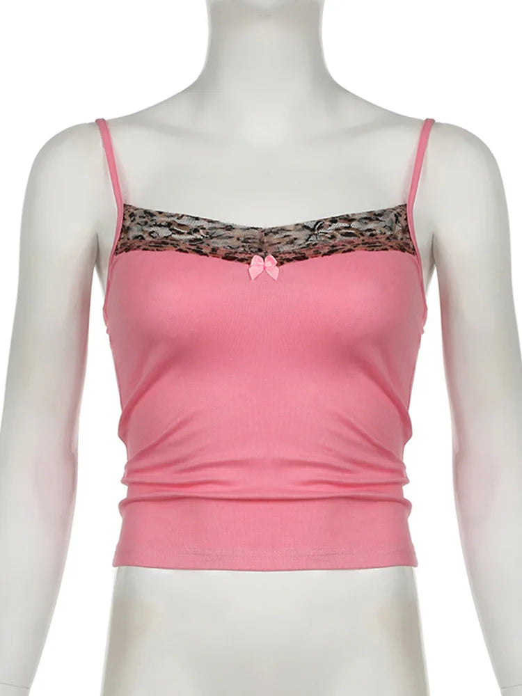Women's Vintage Leopard Print Crop Top - Sleeveless, Cute Bow Patchwork, Y2K Style, Casual Tees