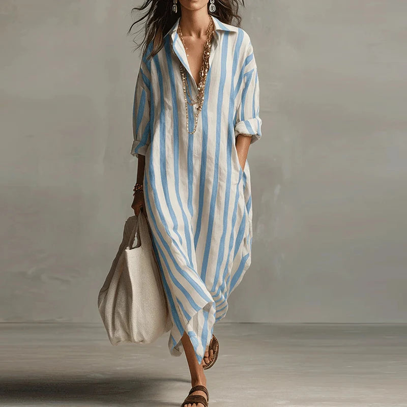 Vintage Printed Maxi Dresses For Women Casual Striped Printed Loose Beach Holiday Long Dresses For Women Party Dress Boho
