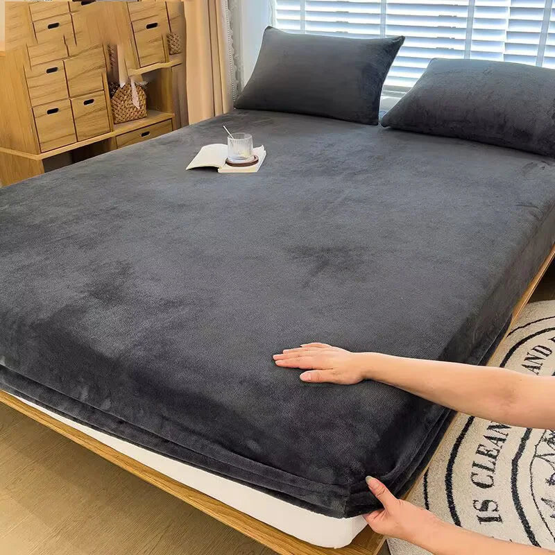 Soft warm plush fitted sheet elastic mattress cover fluffy coral fleece bed linen winter couple luxury double bed bedding﻿﻿