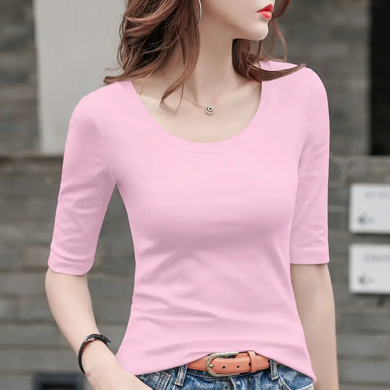 MRMT Women's White Mid-Sleeve Bottoming T-Shirt – Half Sleeve Tight O-Neck Top 2026