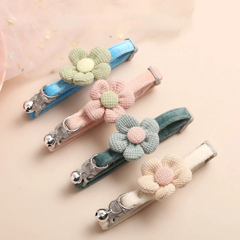 Sunflower Bow Cat Collar with Bell - Soft Polyester Strap