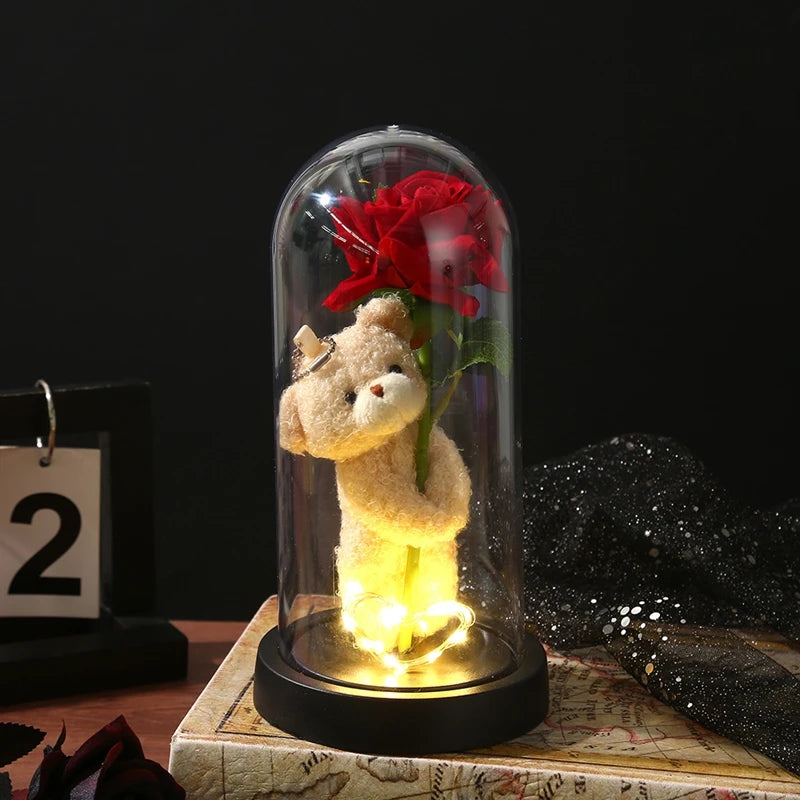 Artificial Rose Flowers Eternal Rose LED Light Foil Flower in Glass Cover Simulation Rose Flower Christmas Teachers' Day Gifts