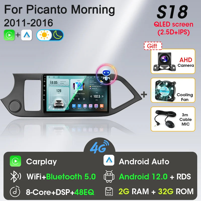 2-DIN Android Car Stereo for Kia Picanto / Morning (2011–2016) — CarPlay, Android Auto, GPS Navigation
