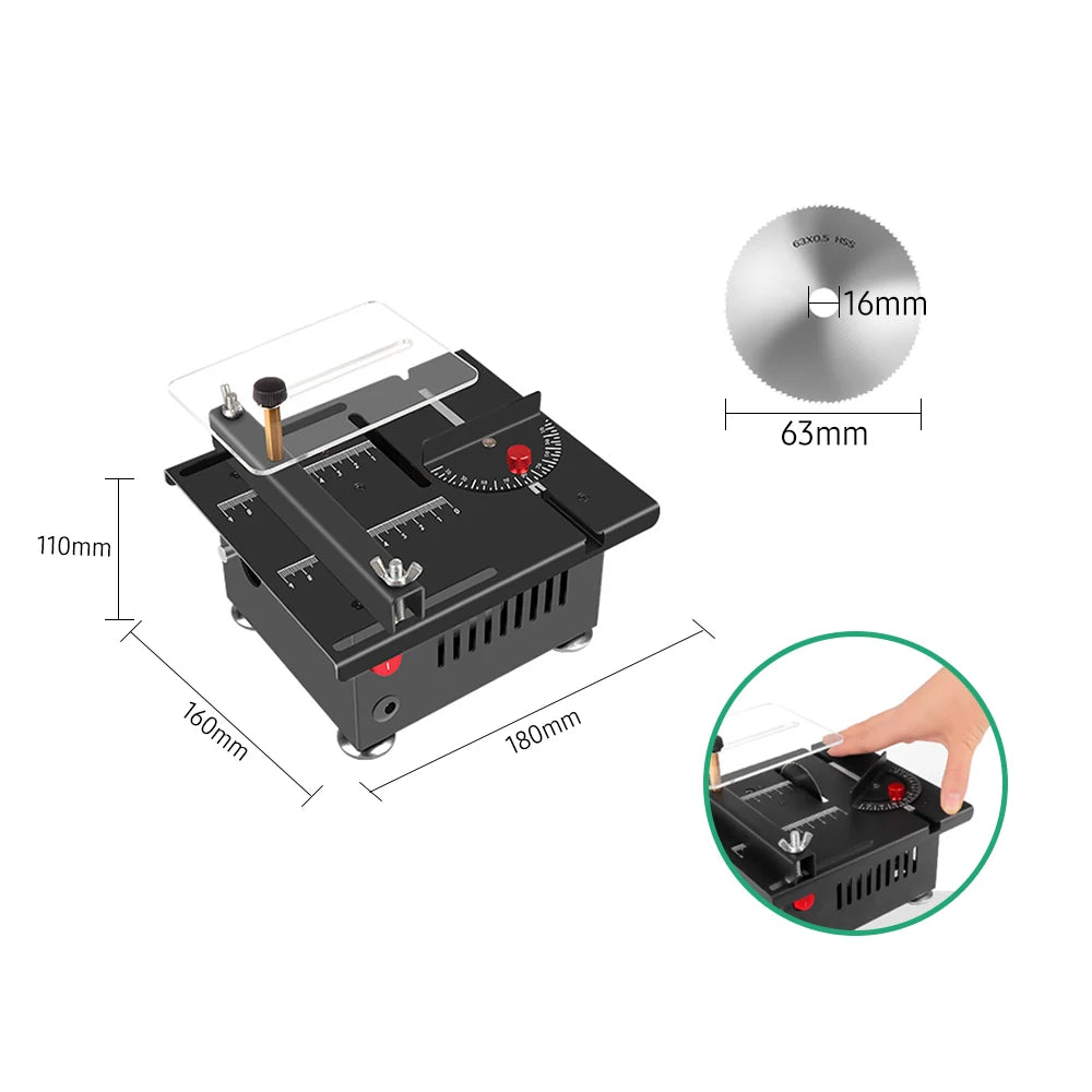 100W Multi Functional Table Saw Mini Desktop Electric Saw Cutter Speed and Angle Adjustable Liftable Blade 16MM Cutting Depth