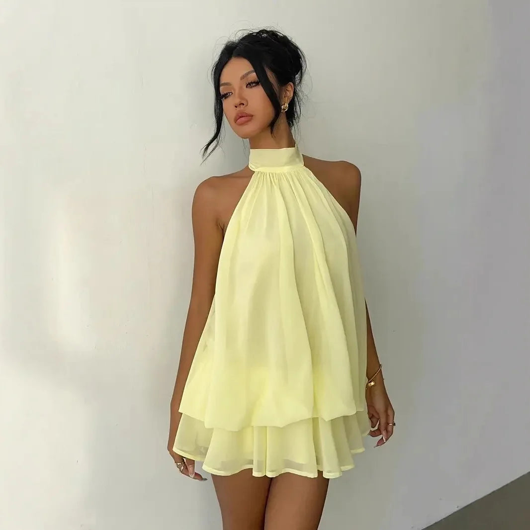 Women's Halter Backless Chiffon Mini Dress — Tie-Front Party Dress