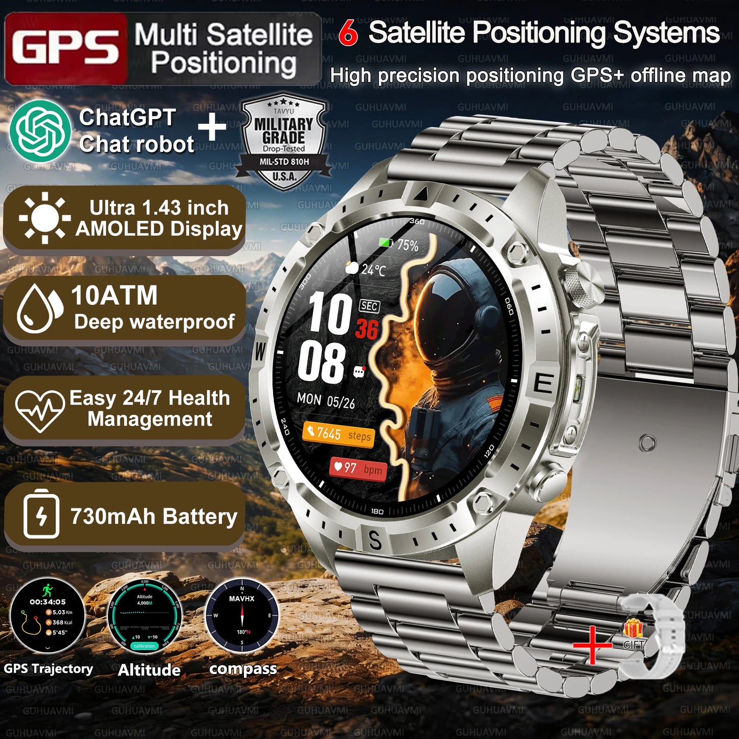 Military-Style GPS Smart Watch — Offline Maps, 10ATM, 2GB RAM