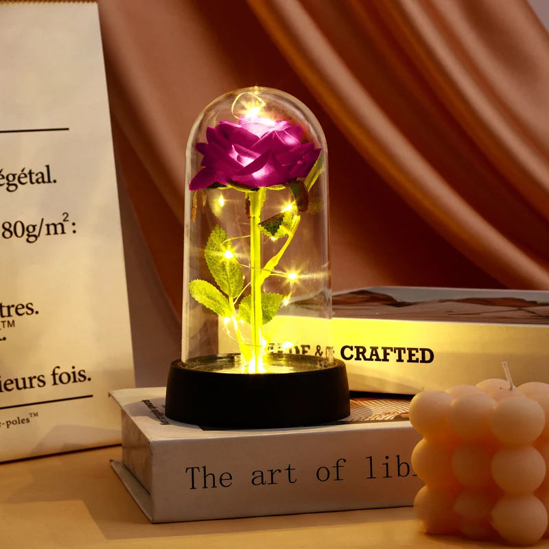 Artificial Rose Flowers Eternal Rose LED Light Foil Flower in Glass Cover Simulation Rose Flower Christmas Teachers' Day Gifts